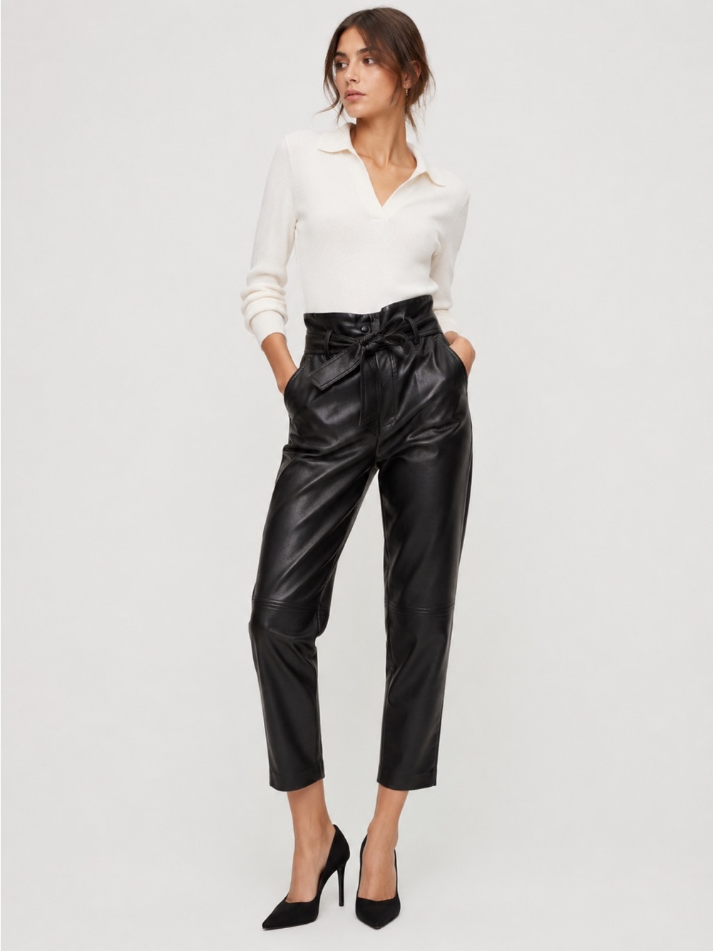 Wilfred Faux Leather Tie Waist Pants Black Belted Cropped Vegan Leather Size 0